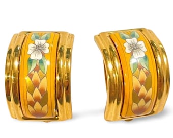 Vintage HERMÈS Cloisonné Enamel Earrings in Yellow & Gold with Flower and Wheat Motif. Elegant and artistic jewelry gift. 080515ys3