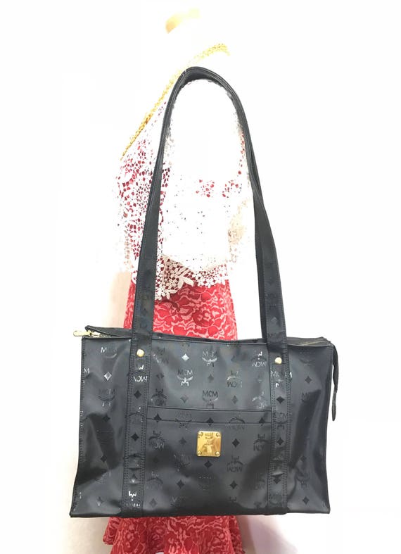 mcm black leather tote bag