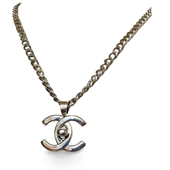 Vintage Chanel Turn Lock CC Silver Chain Necklace. Double Turn