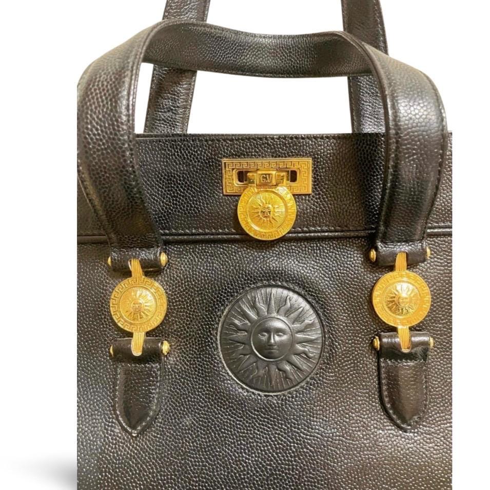 1990s Vintage Gianni Versace Black Leather Doctor's Bag With Built
