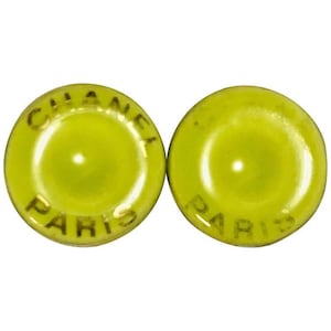 Vintage CHANEL yellow green, lime color and gold tone round button candy earrings. Perfect Chanel jewelry for any seasons. 0506287