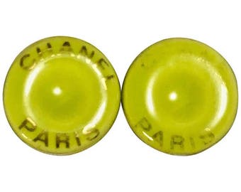 Vintage CHANEL yellow green, lime color and gold tone round button candy earrings. Perfect Chanel jewelry for any seasons. 0506287