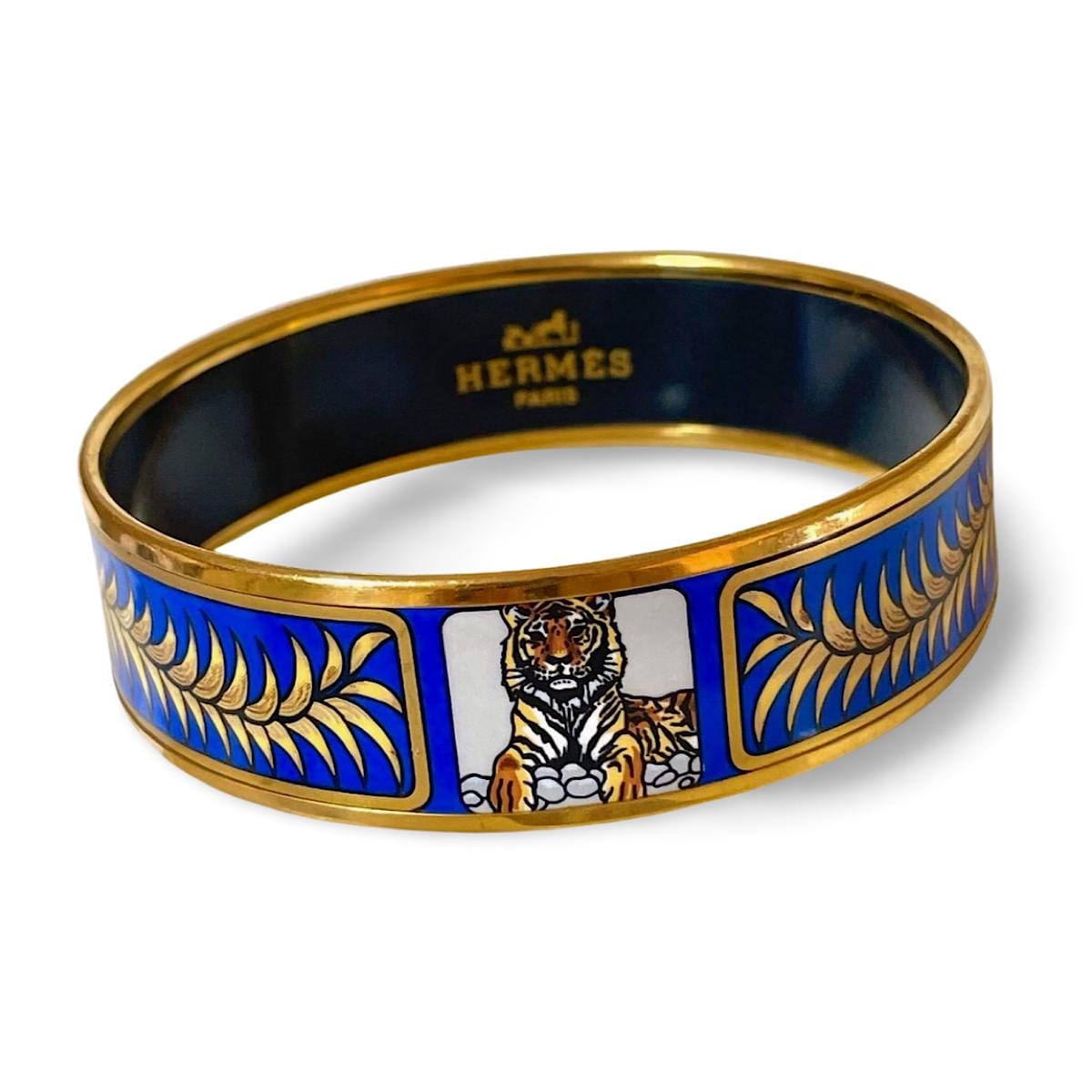 HERMES ブルー・ゴールド バングル Vintage Hermes Blue Cloisonne Enamel Golden Thick Bangle