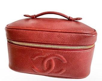 Vintage CHANEL Lipstick Red Caviar Leather Cosmetic Pouch — 1990s Makeup Case, Chic Vanity Bag. 0411112