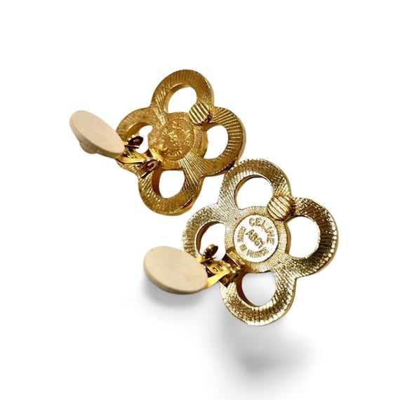 Vintage CELINE Gold-tone Clover Flower Earrings With Faux Pearls