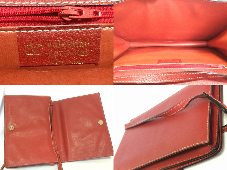 Vintage Valentino Garavani red pigskin shoulder clutch bag with unique logo stitch mark. imagem 4