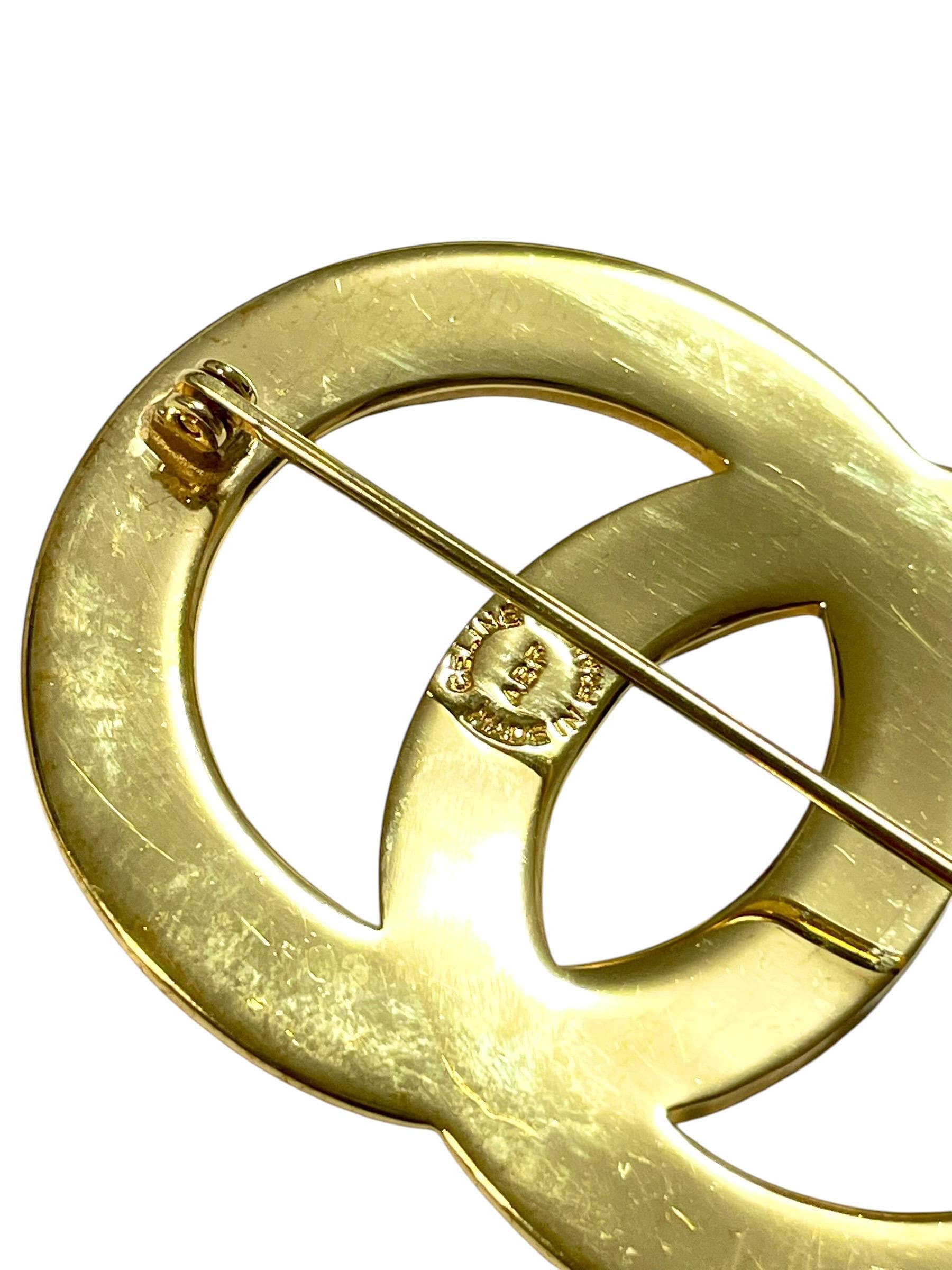 Vintage CELINE Double Circle Gold Tone Brooch With Embossed Logo