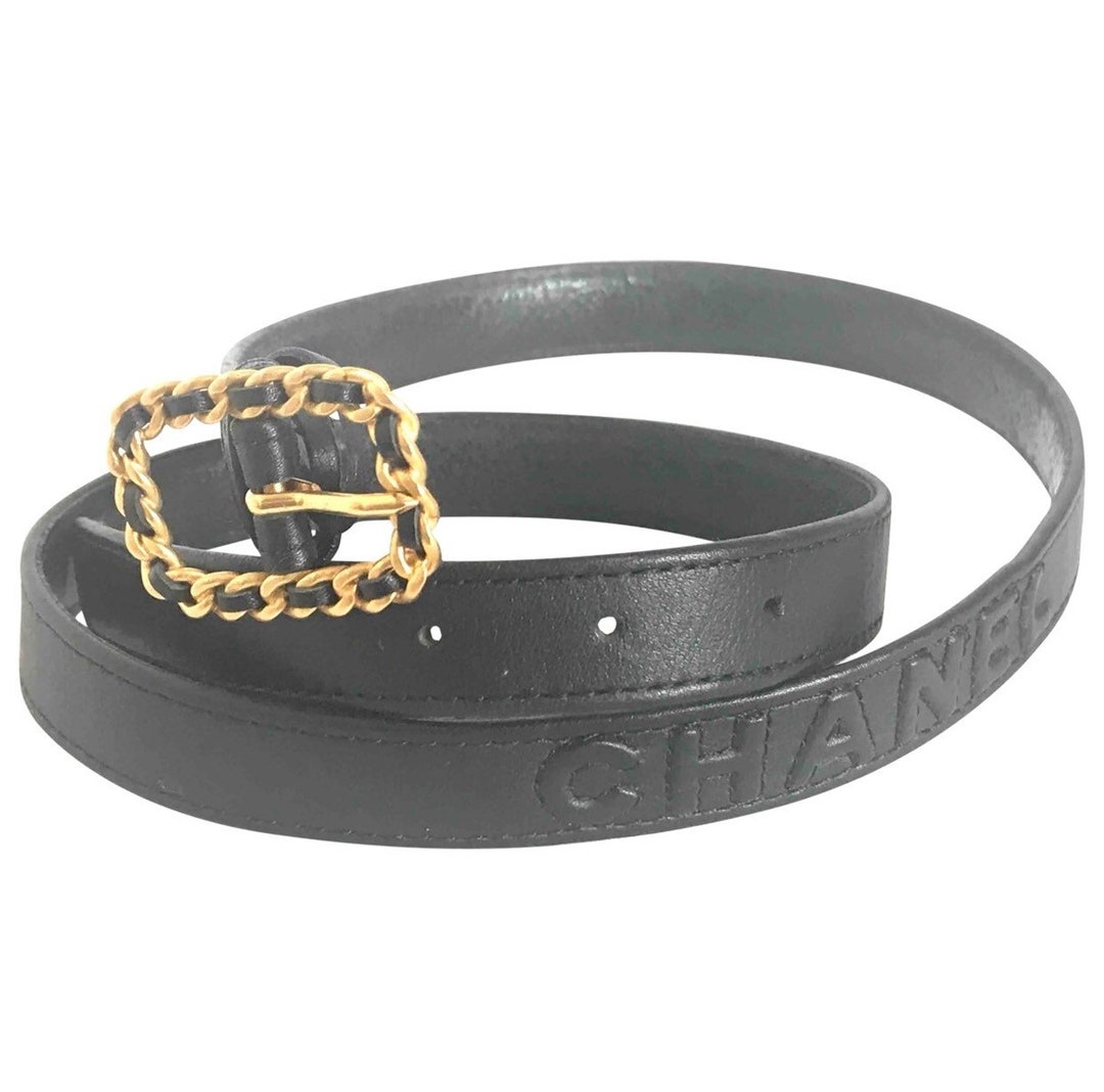 Vintage CHANEL Black Skinny Belt With Golden Chain Buckle and Logo ...