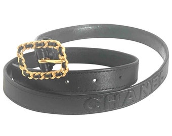 Vintage CHANEL black skinny belt with golden chain buckle and logo stitch. Classic leather belt for size 27", 28", 29"(69, 71, 73cm) 050406r