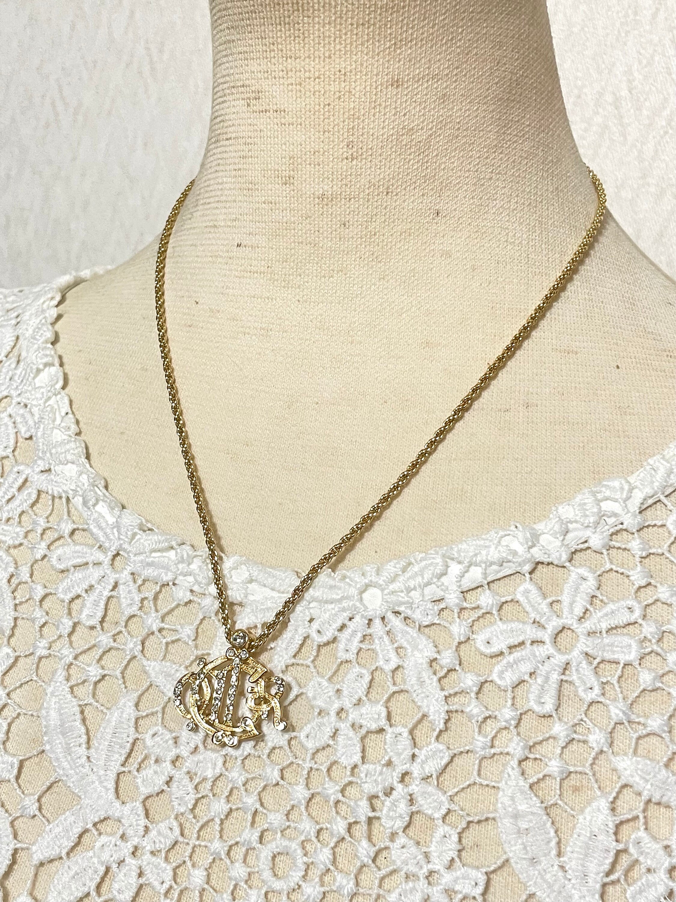 MINT 1990s Vintage Christian Dior Gold Tone Logo Necklace With