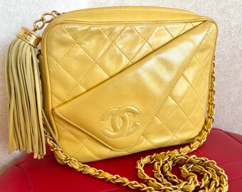 Vintage CHANEL Yellow Lambskin Camera Type Chain Shoulder