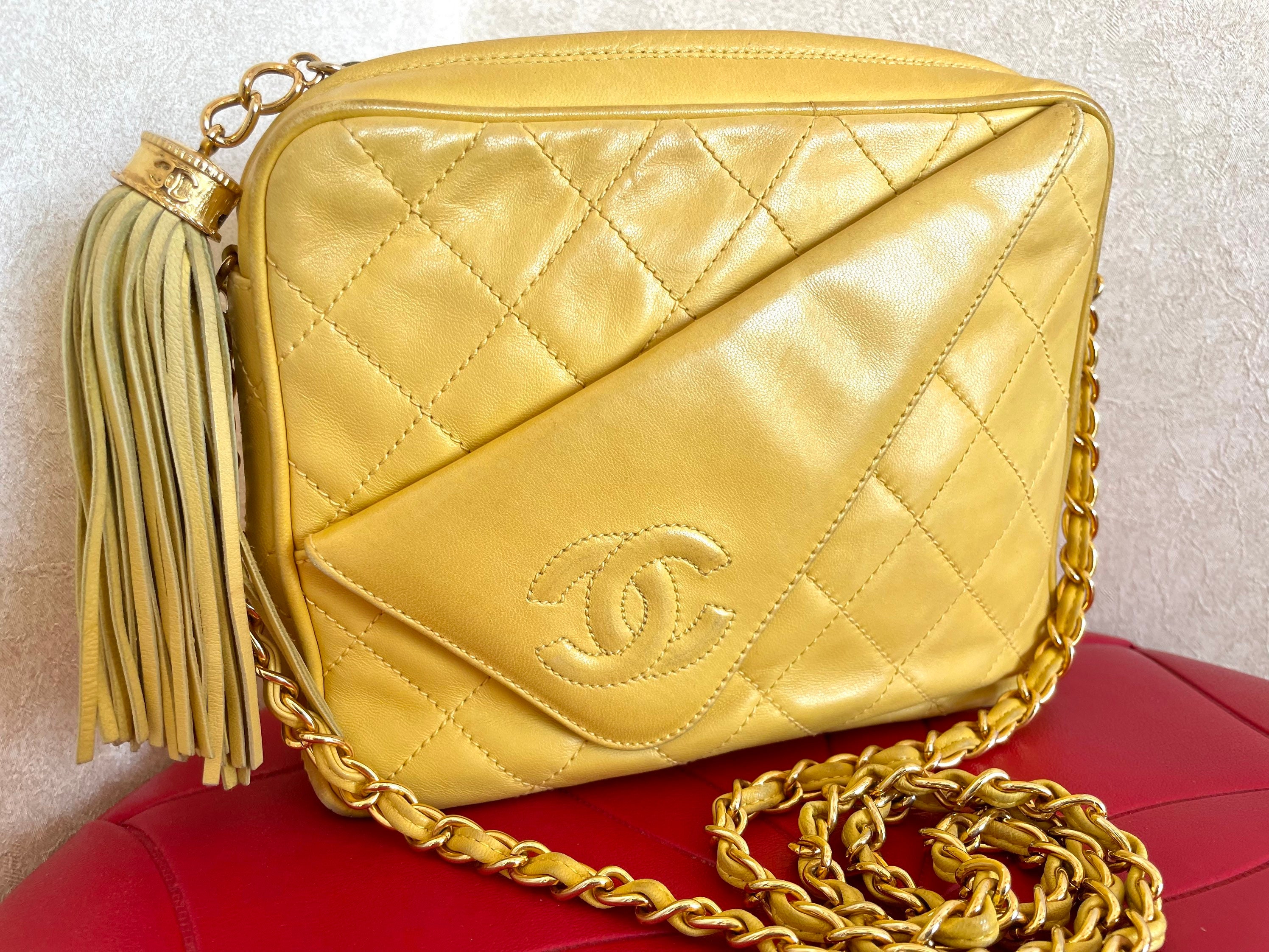 Vintage CHANEL Yellow Lambskin Camera Type Chain Shoulder Bag With