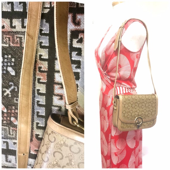 Vintage Celine Beige Macadam and Blason Pattern Classic Shoulder Bag with Golden Logo Motifs. Diffusion Line. 050316r3