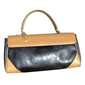 Vintage Yves Saint Laurent black and brown leather handbag with embossed “YSL” logo all over. One of the best daily use purses. 060611ac4