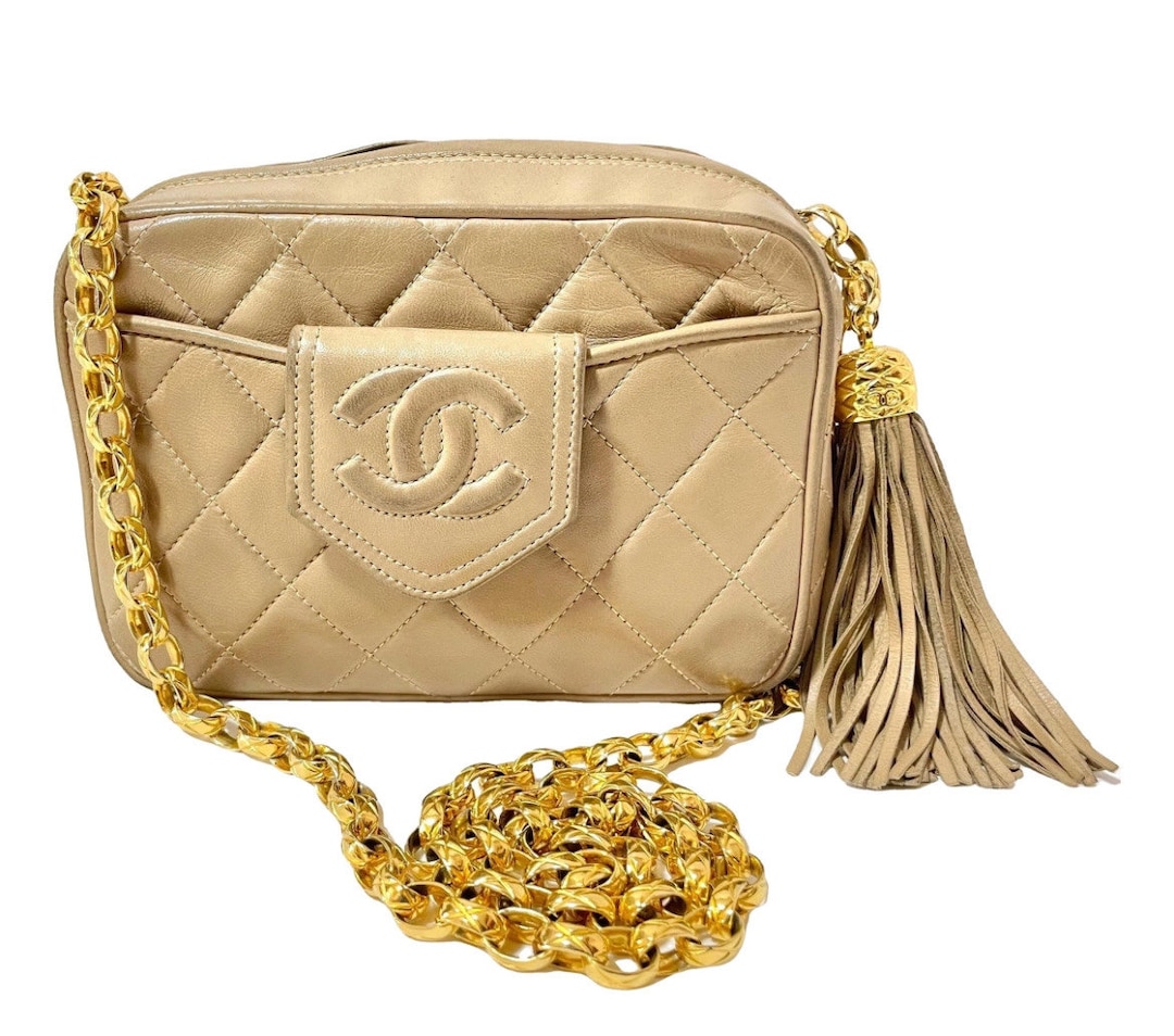 Vintage Chanel Tanned Beige Lambskin Camera Bag Style Chain