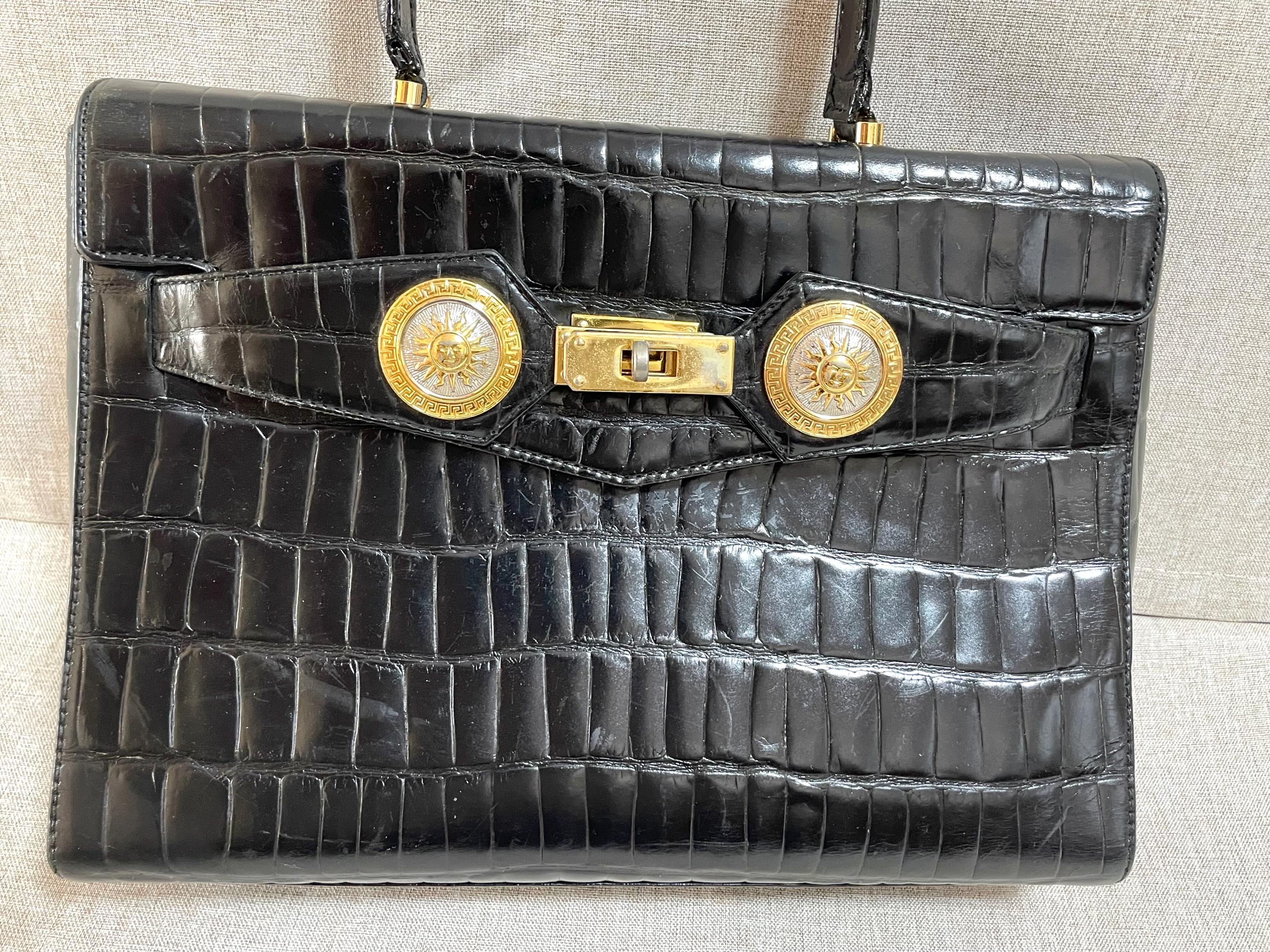 Vintage Gianni Versace Black Croc Embossed Leather Handbag With