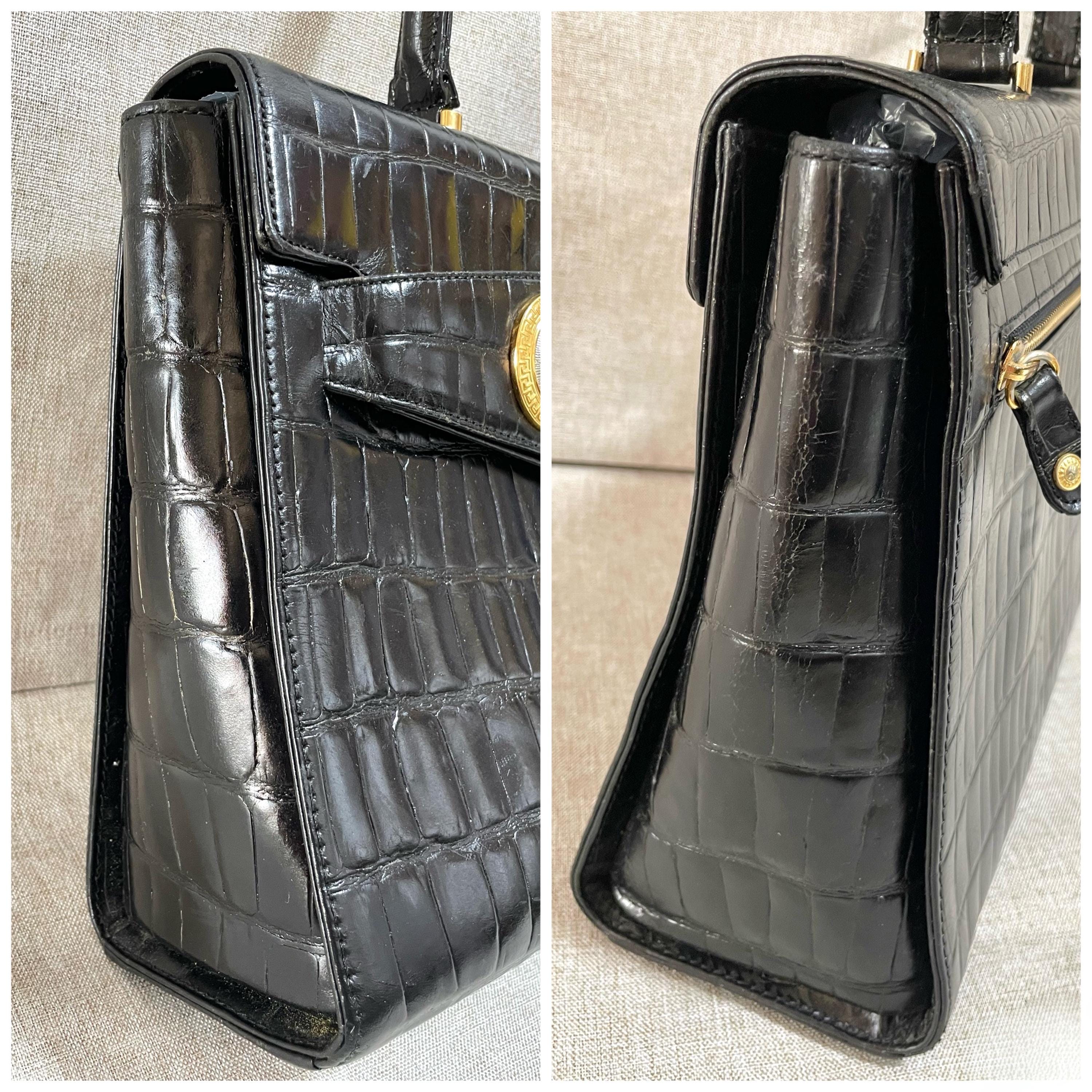 Vintage Gianni Versace Black Croc Embossed Leather Handbag With