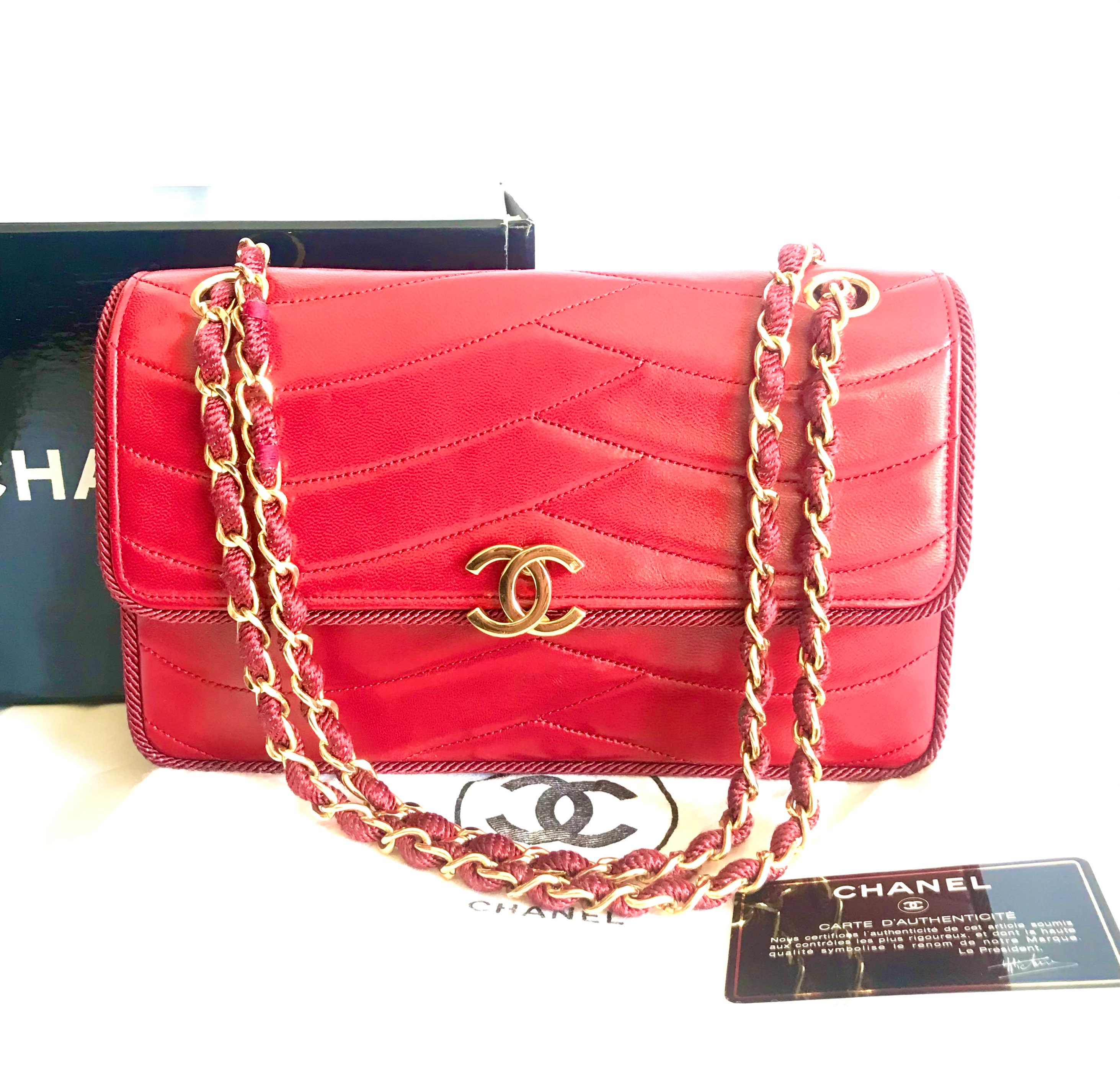 Vintage Early 80's CHANEL Red Quilted Leather Mini Double Flap Bag wit