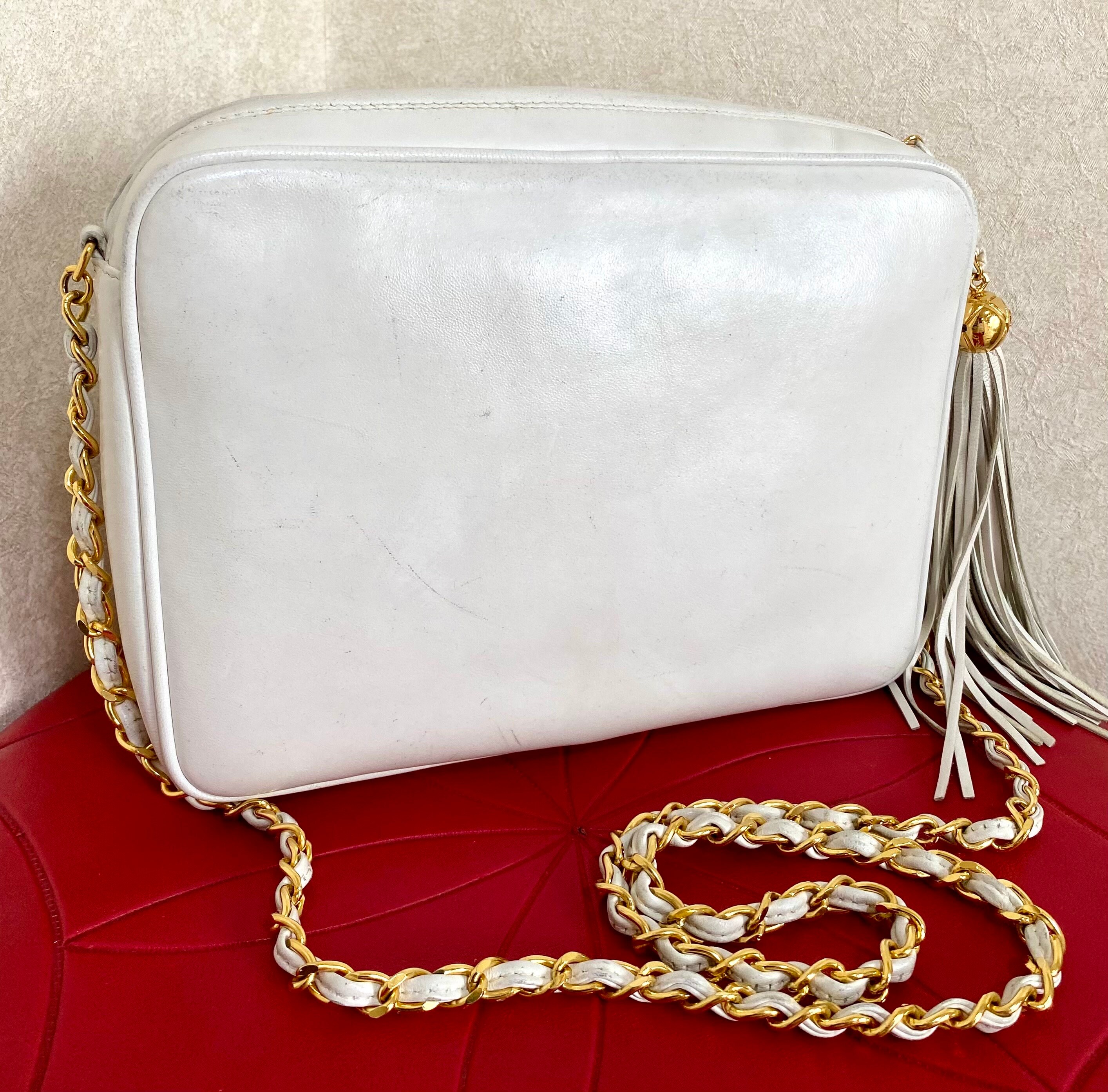 Vintage CHANEL White Leather Camera Bag With Triple CC Stitch