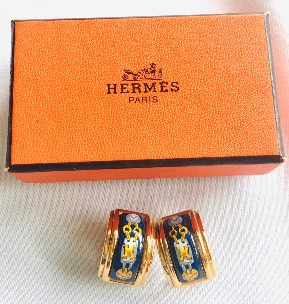 Vintage Hermes cloisonne golden earrings with blue and yellow | Etsy