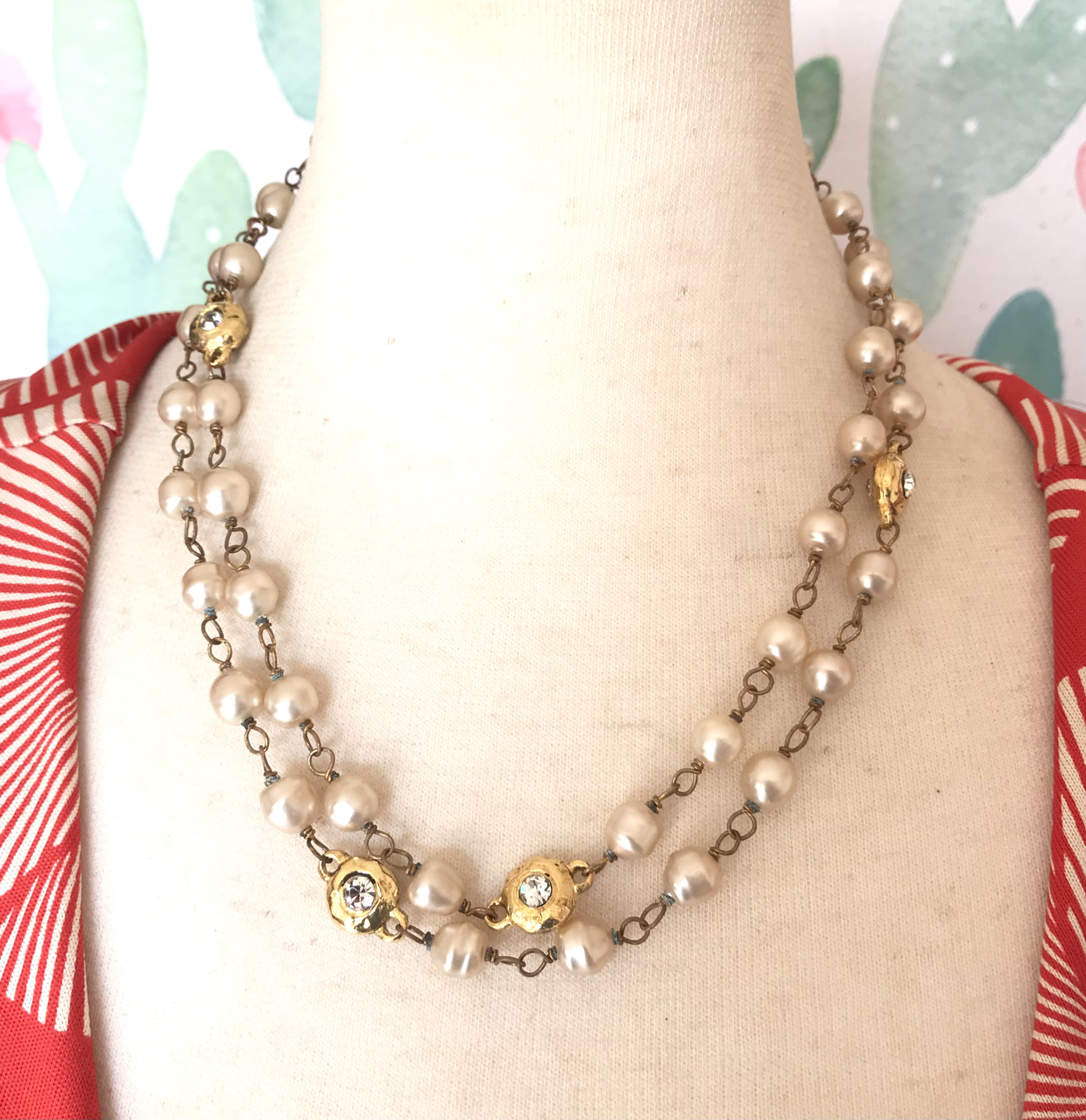 Gold & Faux Pearl Crystal 'CC' Layered Necklace