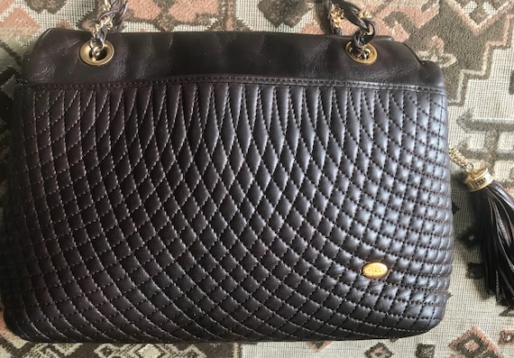 Bally Quilted Black Leather Purse Bag Woven Leather & Gold Chain Strap