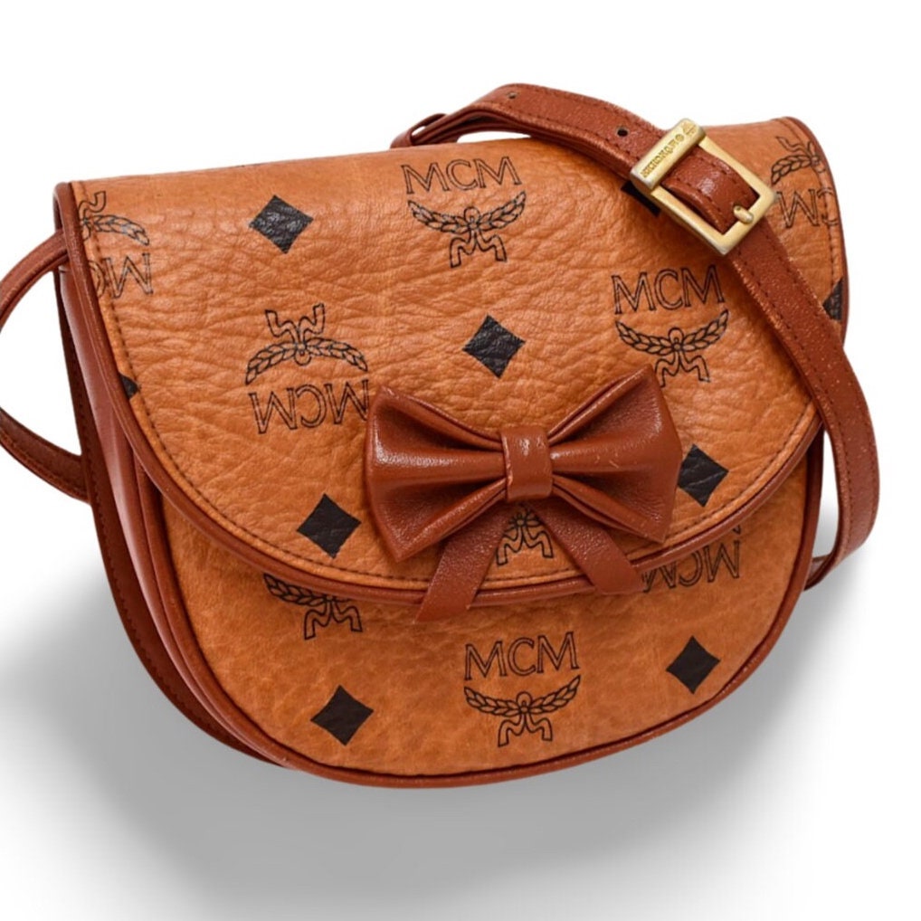 Vintage MCM Brown Monogram Mini Shoulder Bag With Ribbon Bow Motif