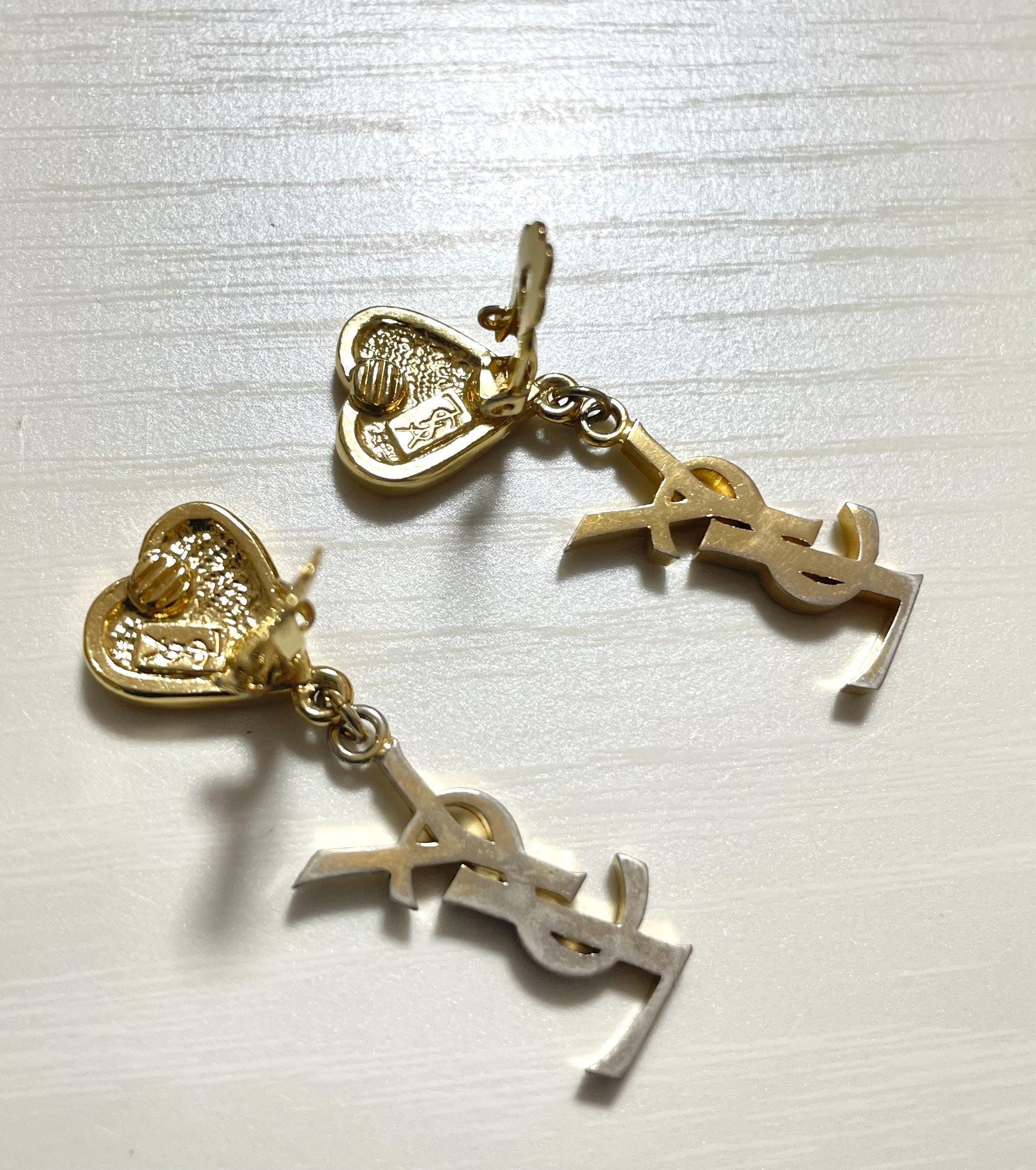 Vintage Yves Saint Laurent Crystal Heart & Logo Dangle Earrings