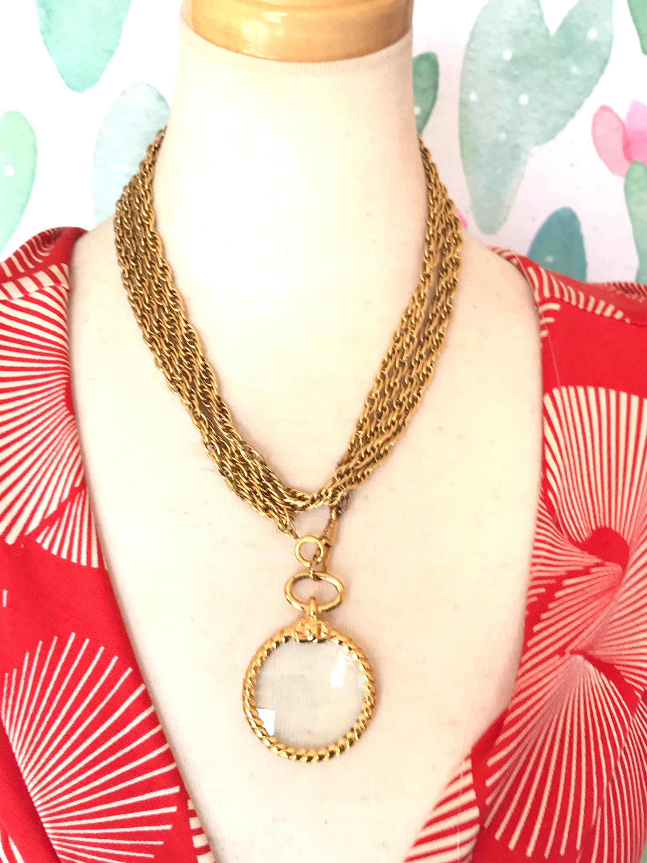 Vintage CHANEL Long Chain Necklace With Round Loupe Glass 