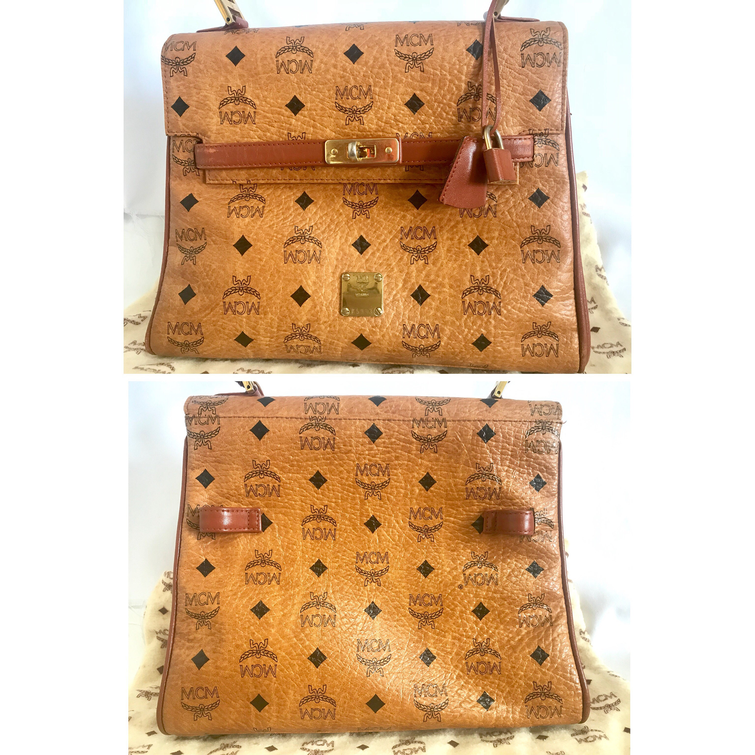 MCM Cognac Mini Satchel with Strap Monogram Kelly Top Handle