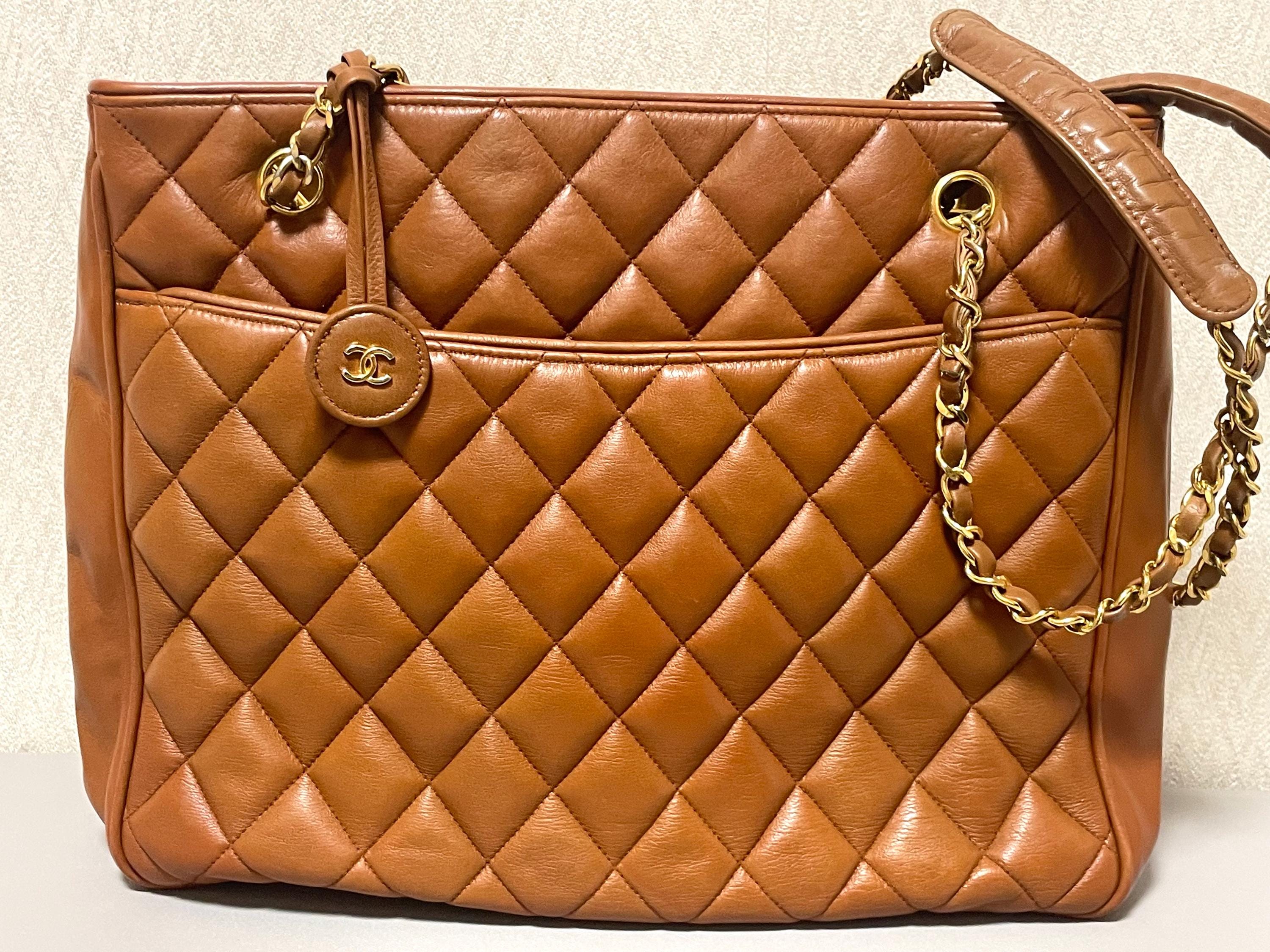 Vintage CHANEL Brown Quilted Leather Classic Tote Bag. 1980s Chain