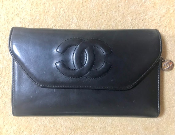 Vintage CHANEL Black Leather Wallet With Large CC Stitch Mark