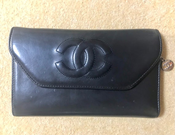 Vintage CHANEL Black Leather Wallet With Large CC Stitch Mark. 