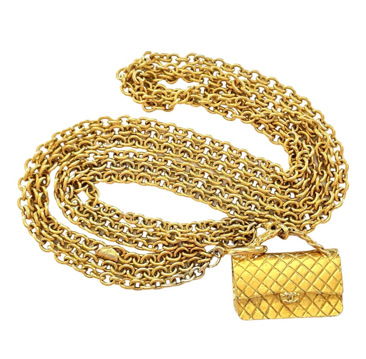 Vintage CHANEL Gold Tone Triple Chain Long Necklace With 2.55 Bag