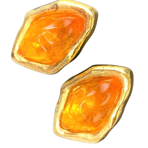 Vintage Yves Saint Laurent YSL orange Gripoix bijoux diamond shape earrings. Gold tone statement clip-on earrings. 080715k1m