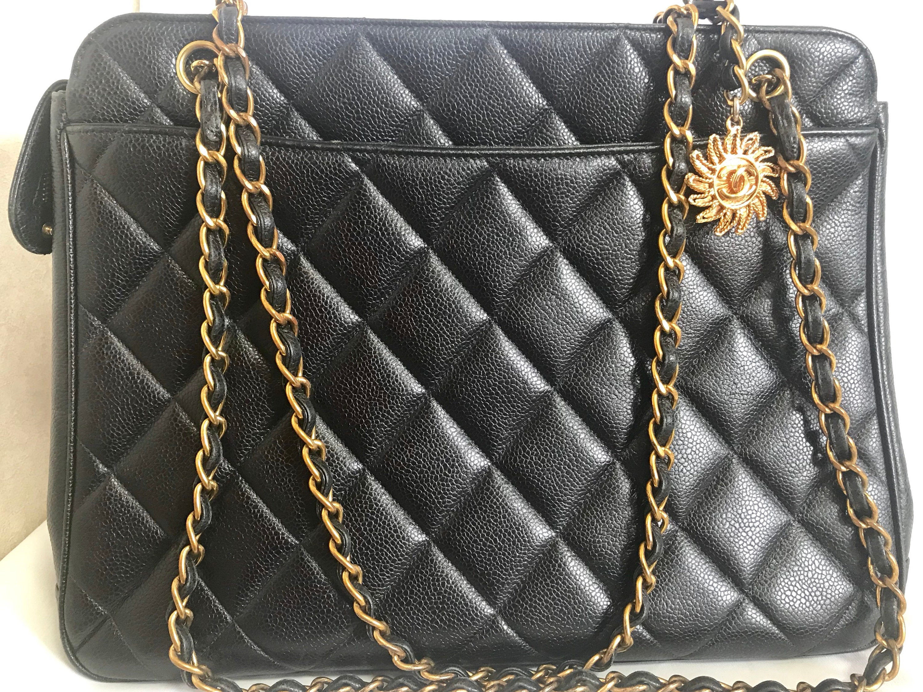 Vintage CHANEL Black Caviar Matelasse Chain Shoulder Bag With 