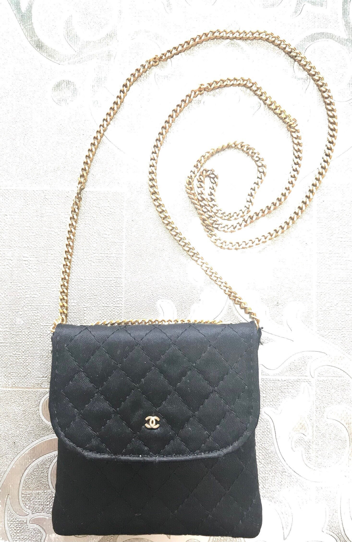 Vintage CHANEL Quilted Satin Mini Pouch Bag Black For Sale at 1stDibs