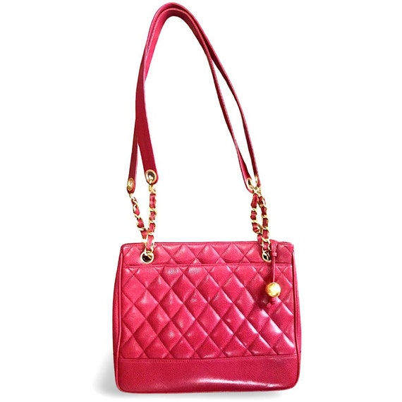 Vintage CHANEL cherry red caviar leather quilted shoulder bag tote with golden CC ball and chain straps. Classic bag. 060923re1 Etsy