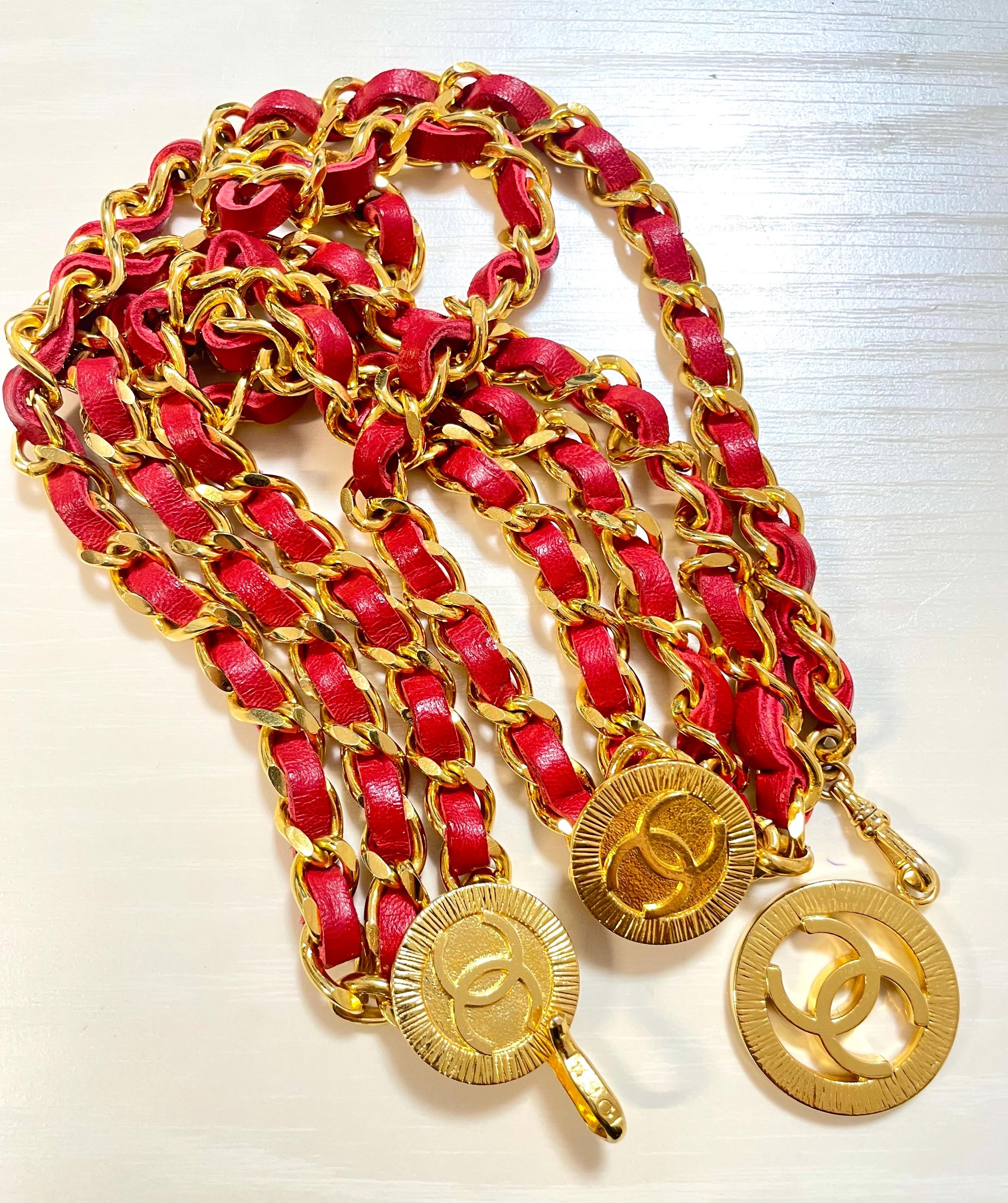 Vintage CHANEL Triple Layer Red Leather Chain Belt With CC Charms