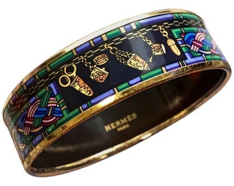 Vintage Hermes golden enamel and cloisonne bangle, bracelet with blue, purple, green etc. Scissors and woven tape motifs. 060426re