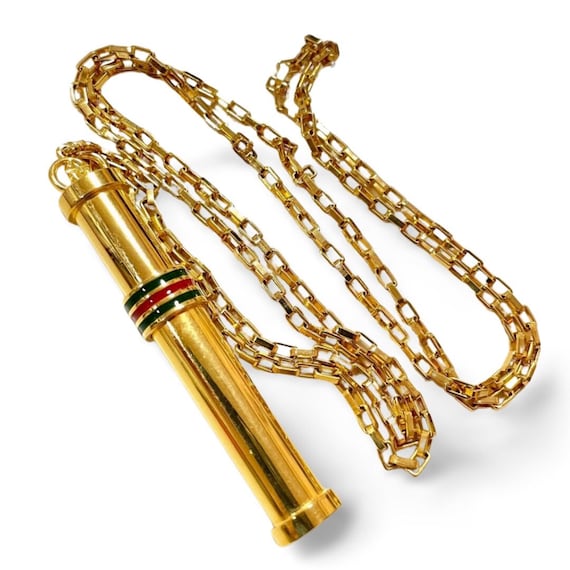 Vintage Gucci Golden Stick Perfume Bottle Necklace With Webbing 
