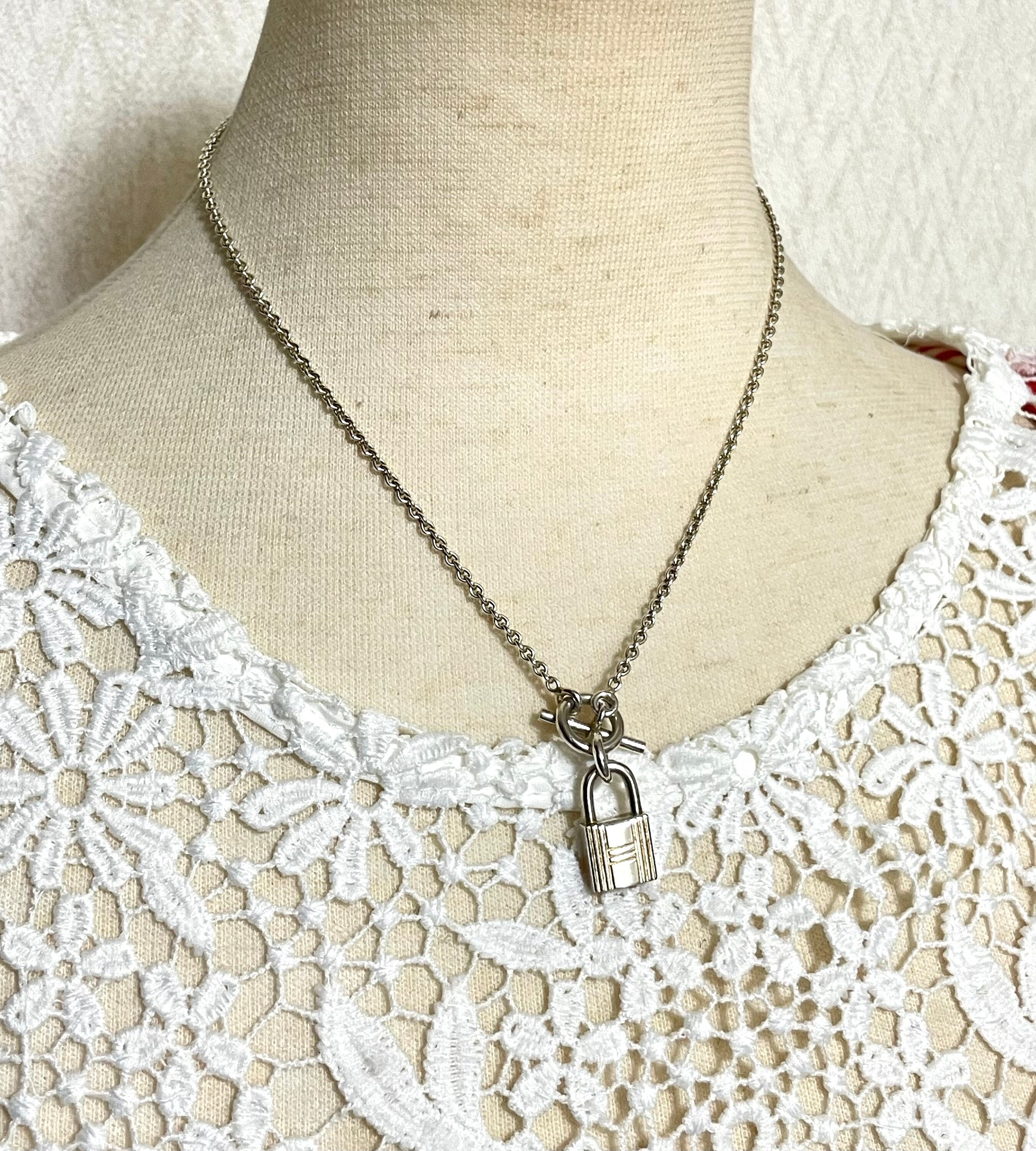 Vintage HERMES Silver Chain Necklace With Padlock Key Charm Vintage HERMES Silver Chain Necklace With Padlock Key Charm