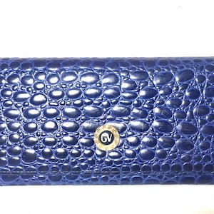Vintage Gianni Versace croc-embossed leather blue wallet with golden round embossed logo motif. Unisex  great gift. 050320r16