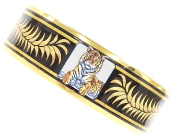 Vintage Hermes black cloisonne enamel golden thick bangle, bracelet with tiger and leaves design in black and gold. 080611k1ys