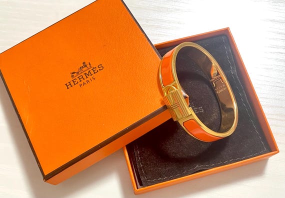 Vintage Hermes Orange Cloisonne Enamel Golden Bangle With H