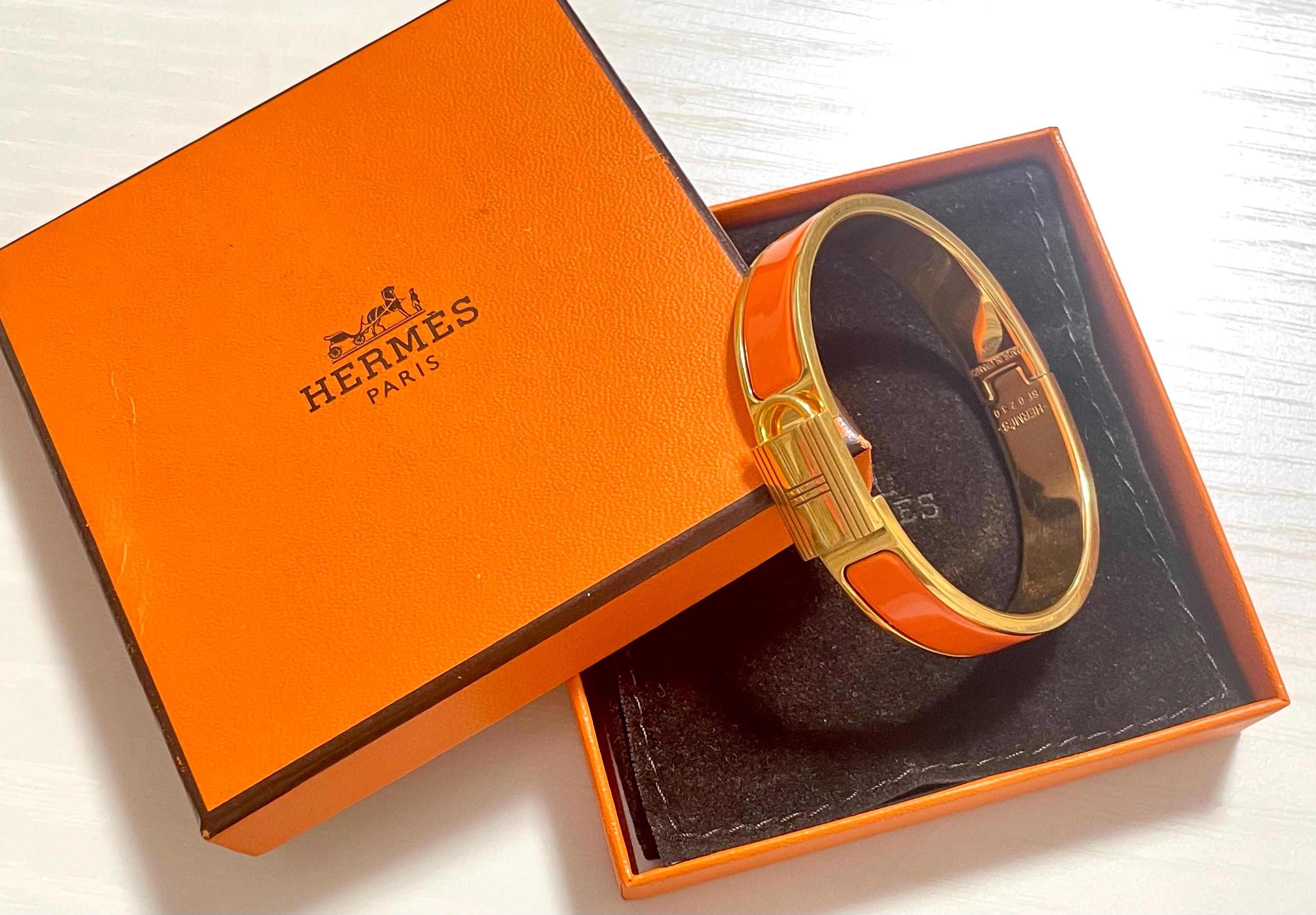 Vintage Hermes Orange Cloisonne Enamel Golden Bangle With H