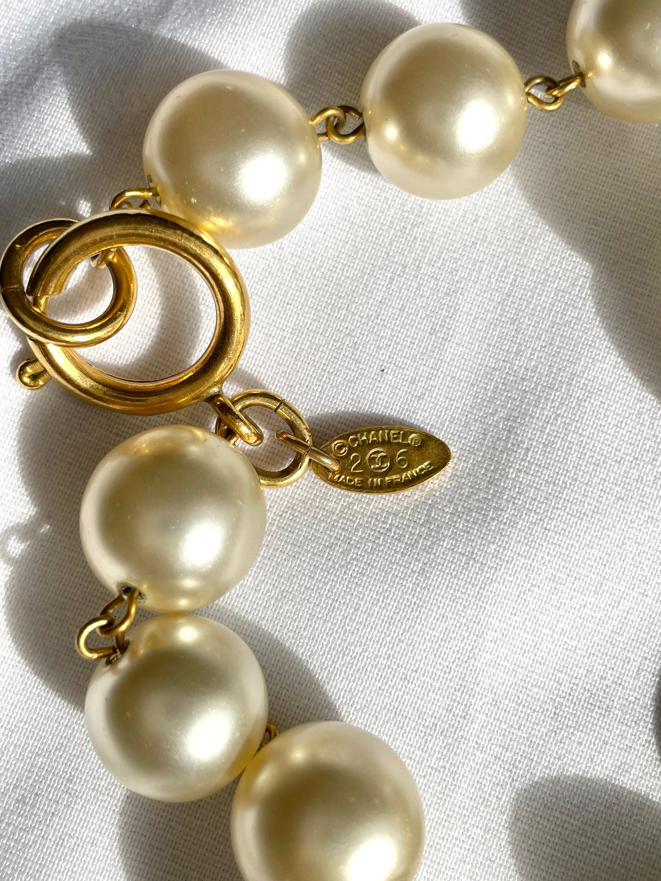 Vintage CHANEL Classic Faux Pearl Necklace With Oval CC Coin 