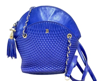 Vintage BALLY Blue Purple Quilted Lambskin Shoulder Bag with Golden Chain Strap and B Logo Motif. Rare 1990s Purse. Made in Italy. 080707ac1