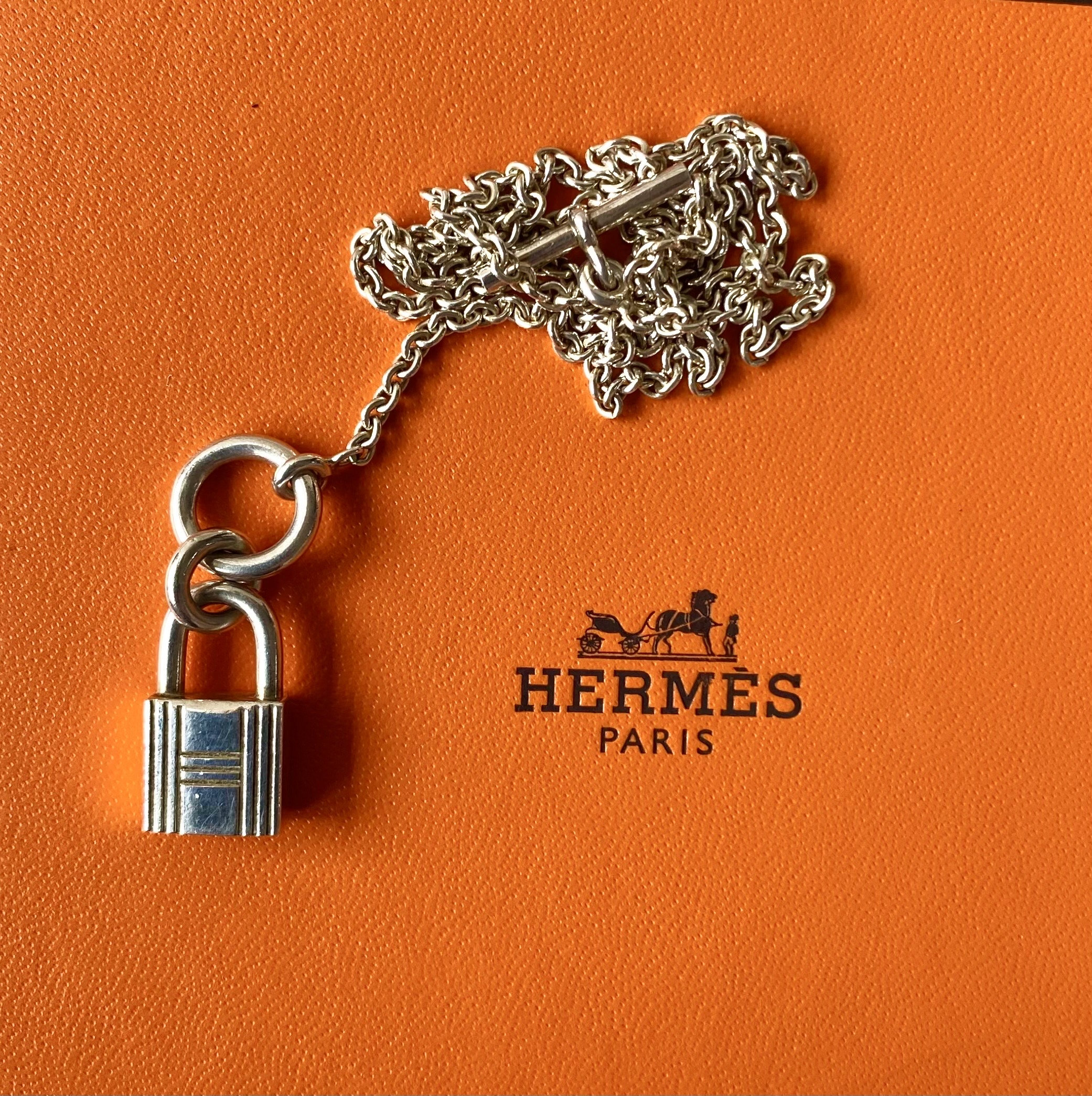 Vintage HERMES Silver Chain Necklace With Padlock Key Charm Vintage HERMES Silver Chain Necklace With Padlock Key Charm