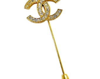 1980s. Vintage CHANEL Gold Tone Crystal CC Hat Pin Brooch Classic Logo Jacket Pin. Elegant Jewelry. 080728ac2